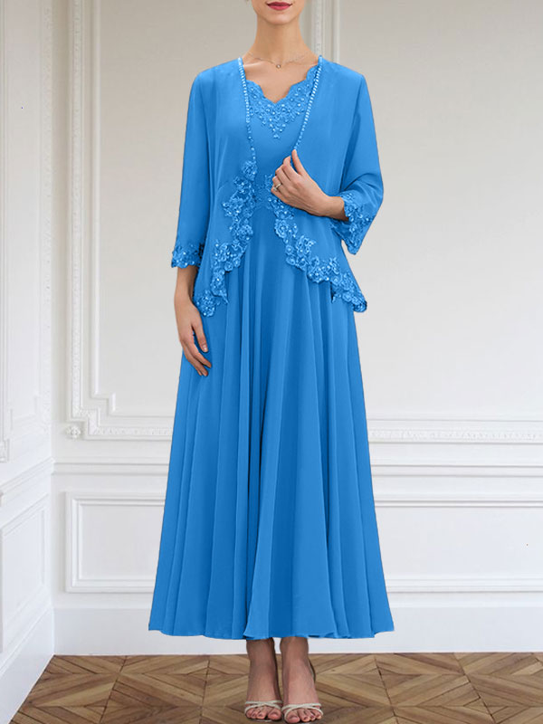 Vestido de corte A, escote en V, largo hasta el tobillo, de gasa, para la madre de la novia, con apliques de lentejuelas, encaje y pedrería.