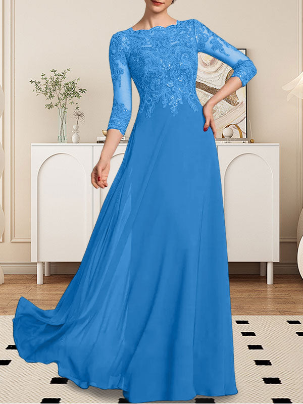 Vestido de novia de corte línea A, escote redondo, largo hasta el suelo, de encaje y gasa con lentejuelas.