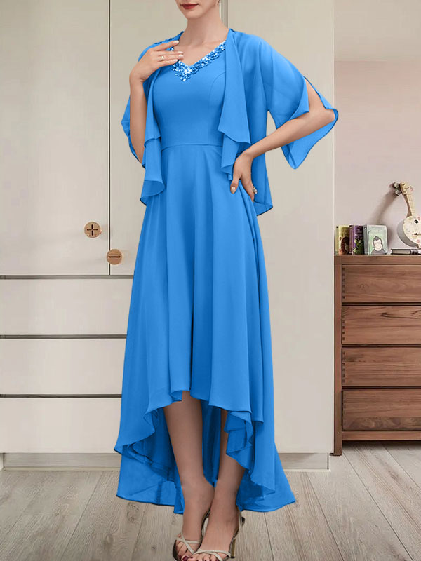Vestido de corte A, escote en V, asimétrico, de gasa, para la madre de la novia, con lentejuelas y pedrería.