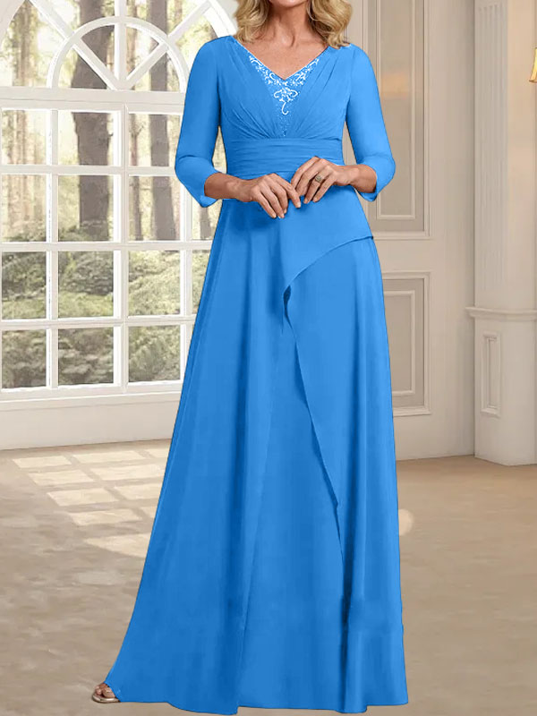 Vestido de gasa de corte A, escote en V, largo hasta el suelo, para la madre de la novia, con plisados ​​y cuentas.