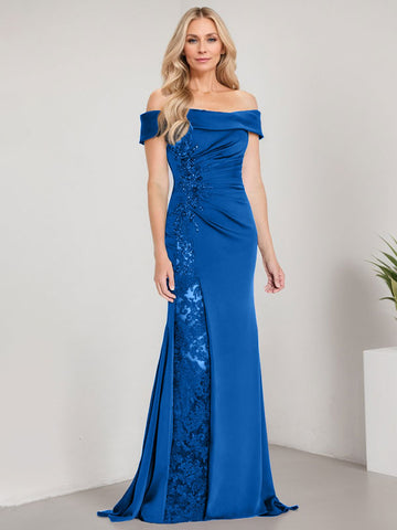 A-Line Off the Shoulder Floor-Length Mother of the Bride Dress Applique Beadings Mermaid Dress With  High Split