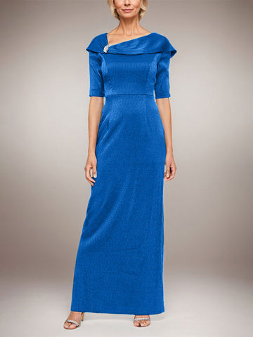 Long Shimmer Column Dress with Foldover Cuff L-Neckline and Elbow Sleeves