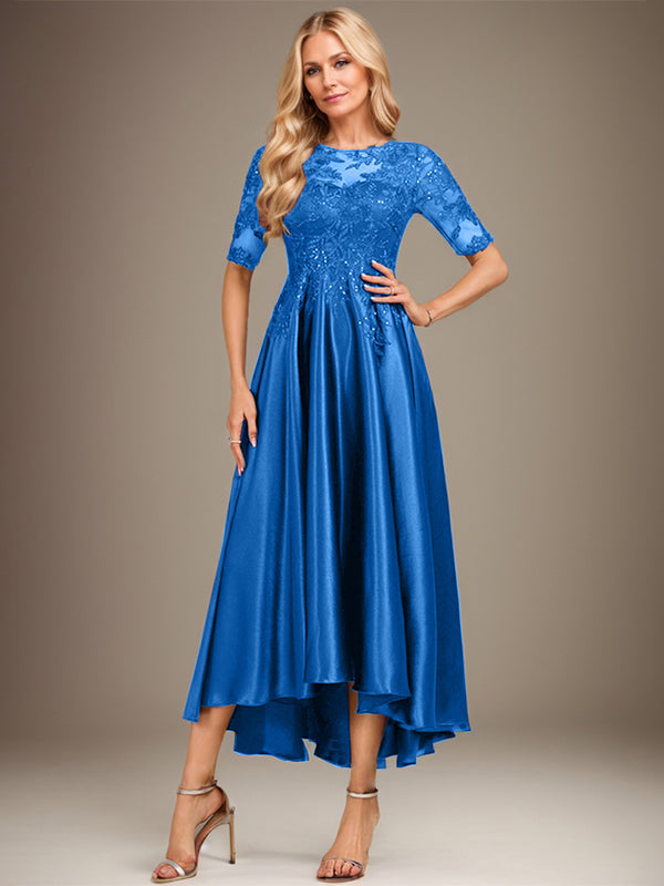 Robe de mère de la mariée asymétrique en satin stretch dentelle et dentelle, coupe trapèze, effet illusion, ornée de sequins 
