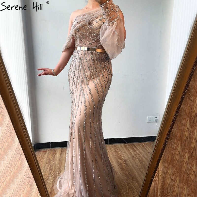 Blue Dubai One Shoulder Sexy Split Evening Dresses Luxury Beaded Crystal Sparkle Formal 2025 LA70258