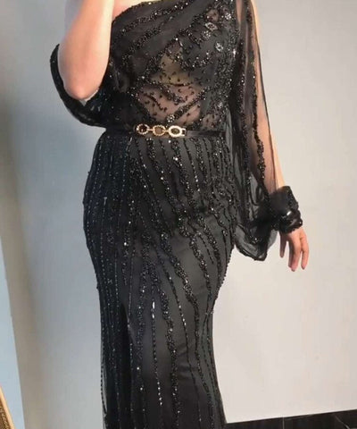 Blue Dubai One Shoulder Sexy Split Evening Dresses Luxury Beaded Crystal Sparkle Formal 2025 LA70258