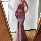 Blue Dubai One Shoulder Sexy Split Evening Dresses Luxury Beaded Crystal Sparkle Formal 2025 LA70258