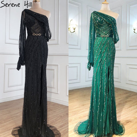 Blue Dubai One Shoulder Sexy Split Evening Dresses Luxury Beaded Crystal Sparkle Formal 2025 LA70258