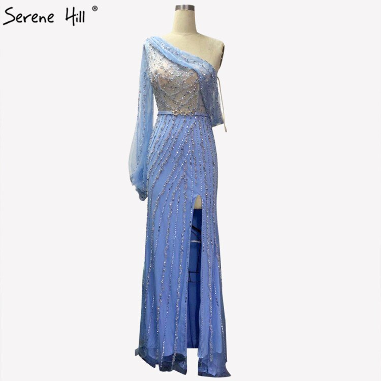 Blue Dubai One Shoulder Sexy Split Evening Dresses Luxury Beaded Crystal Sparkle Formal 2025 LA70258