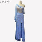 Blue Dubai One Shoulder Sexy Split Evening Dresses Luxury Beaded Crystal Sparkle Formal 2025 LA70258