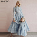 Sale Blue Flowers Evening Dresses 2025 Muslim Long Sleeves Ankle length Midi Dresses  Evening Gowns LA60905