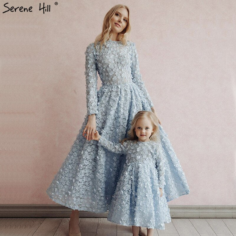 Sale Blue Flowers Evening Dresses 2025 Muslim Long Sleeves Ankle length Midi Dresses  Evening Gowns LA60905