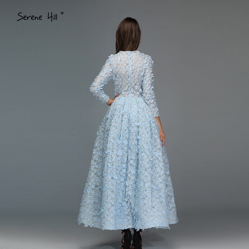 Sale Blue Flowers Evening Dresses 2025 Muslim Long Sleeves Ankle length Midi Dresses  Evening Gowns LA60905
