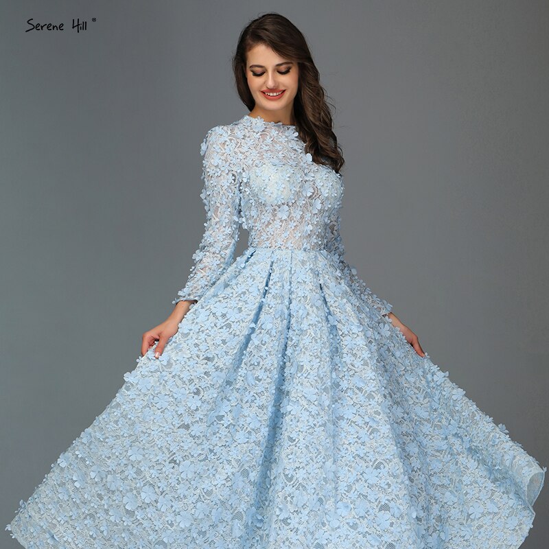 Sale Blue Flowers Evening Dresses 2025 Muslim Long Sleeves Ankle length Midi Dresses  Evening Gowns LA60905