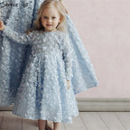 Sale Blue Flowers Evening Dresses 2025 Muslim Long Sleeves Ankle length Midi Dresses  Evening Gowns LA60905