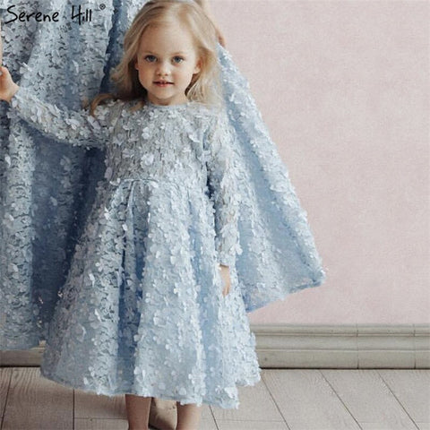 Sale Blue Flowers Evening Dresses 2025 Muslim Long Sleeves Ankle length Midi Dresses  Evening Gowns LA60905