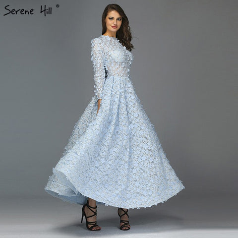 Sale Blue Flowers Evening Dresses 2025 Muslim Long Sleeves Ankle length Midi Dresses  Evening Gowns LA60905