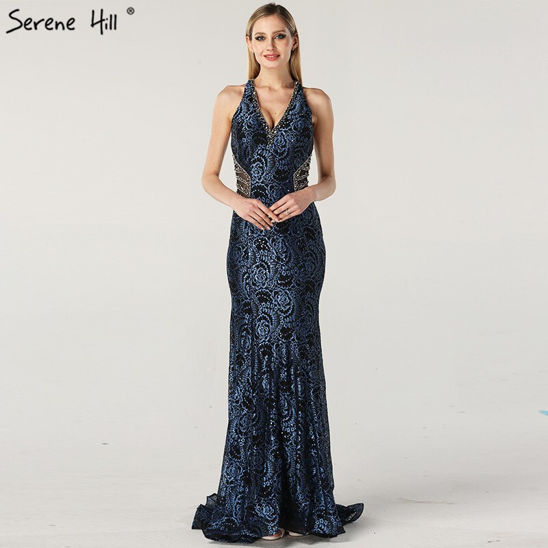 On Sale no return no refund Sale Blue Halter Sleeveless Dubai Design Evening Dresses Real Photo Beading Lace Sexy Evening Gowns 2025 LA60818
