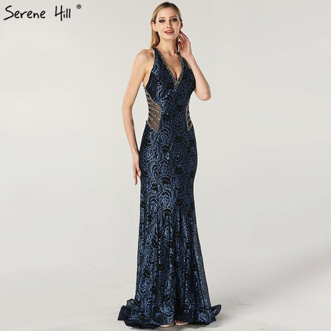 Robe de soirée sexy en dentelle et perles, col licou, sans manches, bleu, design Dubaï, photo réelle, 2025 LA60818 