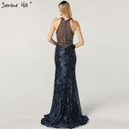 On Sale no return no refund Sale Blue Halter Sleeveless Dubai Design Evening Dresses Real Photo Beading Lace Sexy Evening Gowns 2025 LA60818