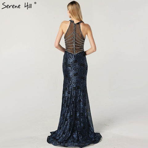 Robe de soirée sexy en dentelle et perles, col licou, sans manches, bleu, design Dubaï, photo réelle, 2025 LA60818 