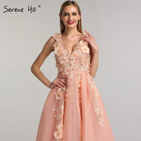 Robe de soirée bleue à fleurs faites à la main, col en V, sans manches, sexy, coupe trapèze, 2025 LA60867 