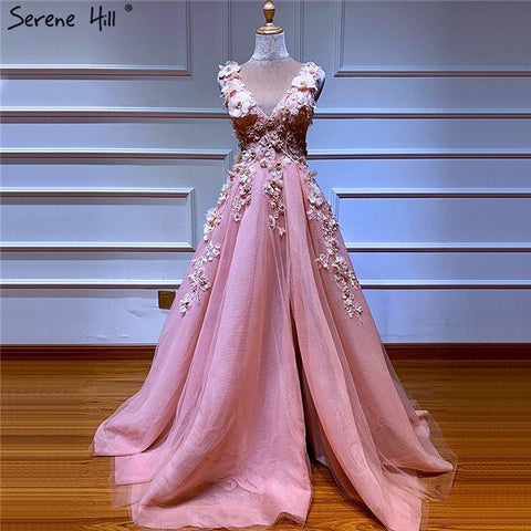 Robe de soirée bleue à fleurs faites à la main, col en V, sans manches, sexy, coupe trapèze, 2025 LA60867 