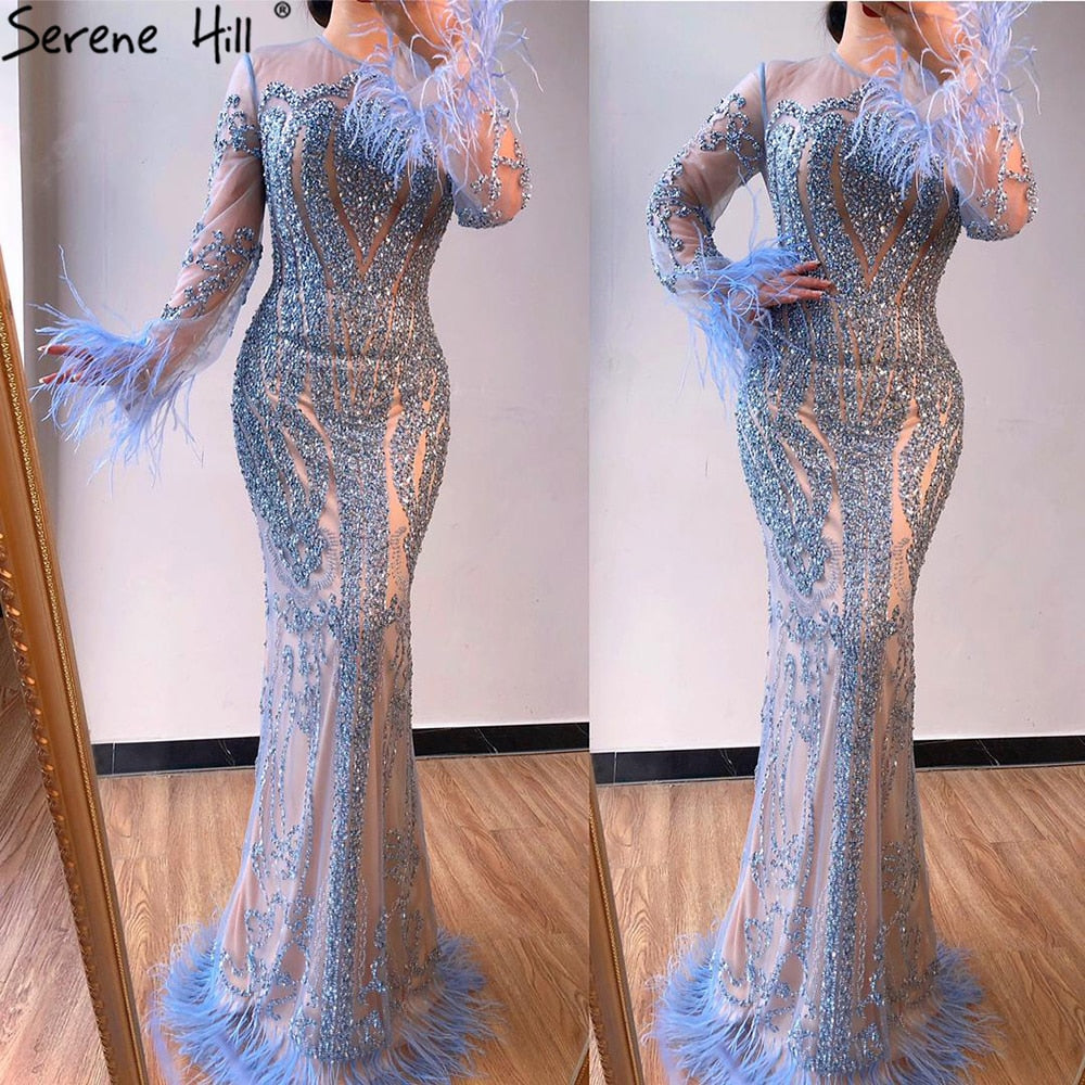 Blue  Long Sleeve Feathers beaded Evening Dresses Dubai Mermaid Luxury Evening Gowns 2025 LA60932
