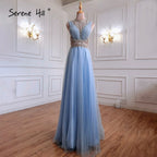 On Sale no return no refundBlue Luxury A-Line Evening Dresses Gowns 2025 Beaded Sleeveless For Women Wedding Party LA70961