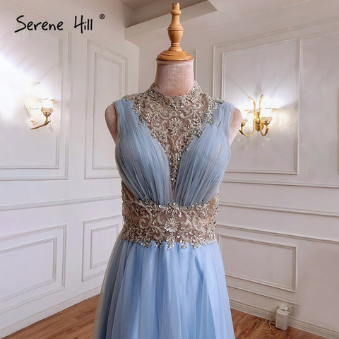 En oferta, sin devoluciones ni reembolsos. Vestidos de noche de lujo azul corte A, sin mangas, con cuentas, para mujer, ideales para bodas y fiestas (LA70961). 