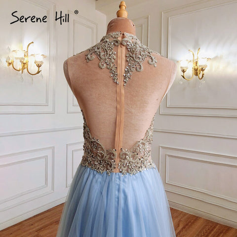 En oferta, sin devoluciones ni reembolsos. Vestidos de noche de lujo azul corte A, sin mangas, con cuentas, para mujer, ideales para bodas y fiestas (LA70961). 