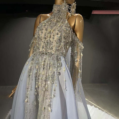 Blue Luxury Halter Cape Evening Dresses Gowns 2025 Beaded A-Line High-end For Women Party LA71522