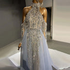 Blue Luxury Halter Cape Evening Dresses Gowns 2025 Beaded A-Line High-end For Women Party LA71522
