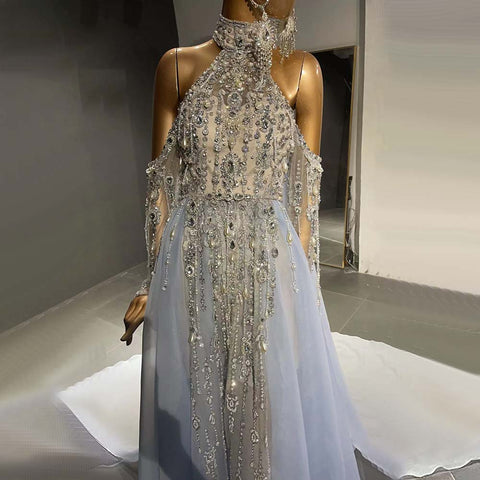 Blue Luxury Halter Cape Evening Dresses Gowns 2025 Beaded A-Line High-end For Women Party LA71522