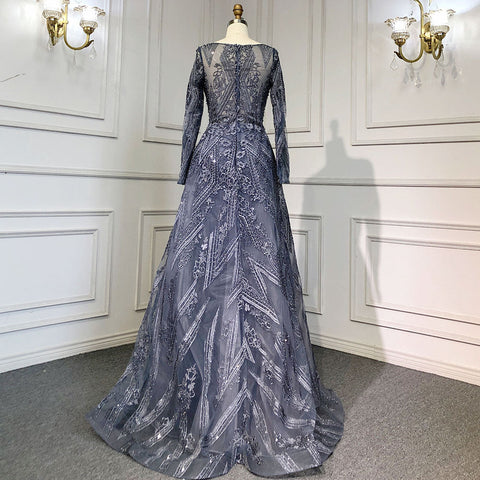 Blue Luxury Mermaid Overskirt Evening Dresses Gowns 2025 Beaded Elegant Long Sleeves For Women Party LA71619