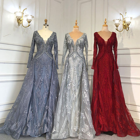 Blue Luxury Mermaid Overskirt Evening Dresses Gowns 2025 Beaded Elegant Long Sleeves For Women Party LA71619