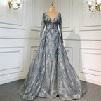 Blue Luxury Mermaid Overskirt Evening Dresses Gowns 2025 Beaded Elegant Long Sleeves For Women Party LA71619