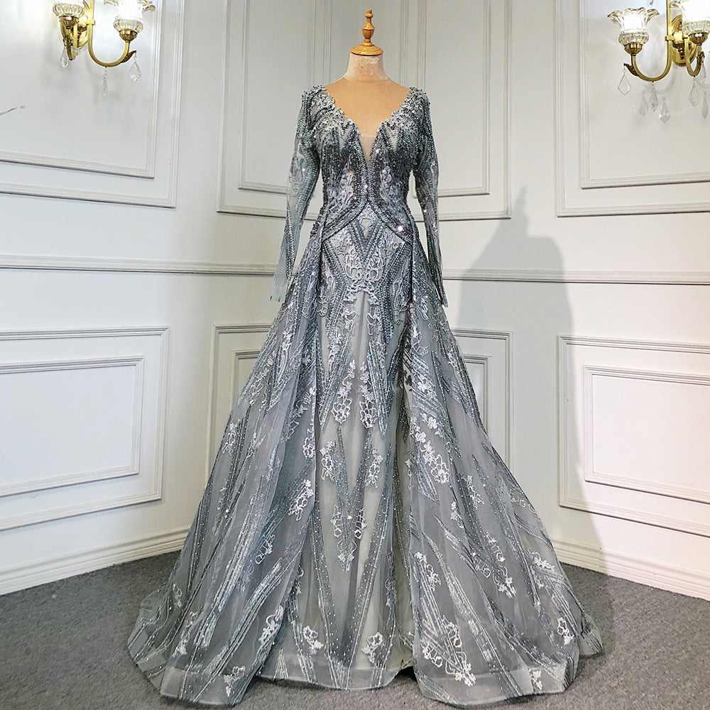 Blue Luxury Mermaid Overskirt Evening Dresses Gowns 2025 Beaded Elegant Long Sleeves For Women Party LA71619