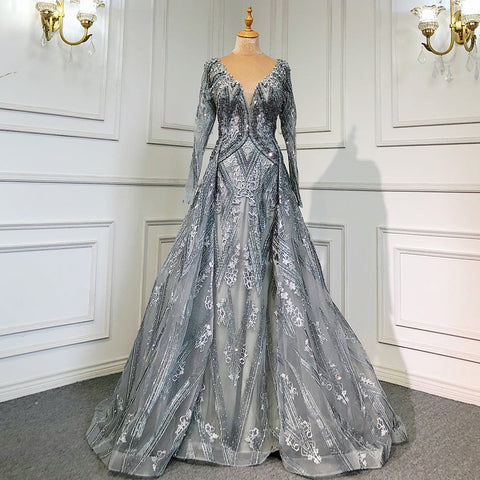 Blue Luxury Mermaid Overskirt Evening Dresses Gowns 2025 Beaded Elegant Long Sleeves For Women Party LA71619