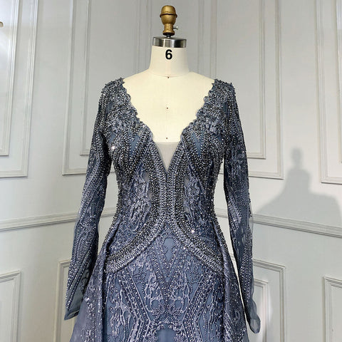 Blue Luxury Mermaid Overskirt Evening Dresses Gowns 2025 Beaded Elegant Long Sleeves For Women Party LA71619