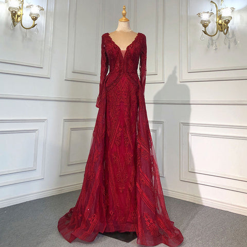 Blue Luxury Mermaid Overskirt Evening Dresses Gowns 2025 Beaded Elegant Long Sleeves For Women Party LA71619