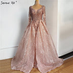Blue Muslim Beading Mermaid Lace  Crystal Design Evening Dresses 2025 Dubai Luxury  Plush Size Evening Gowns LA70424
