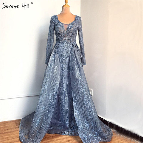 Blue Muslim Beading Mermaid Lace  Crystal Design Evening Dresses 2025 Dubai Luxury  Plush Size Evening Gowns LA70424