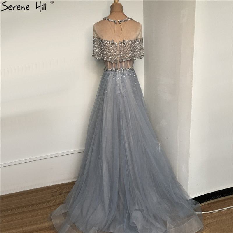 Blue O-Neck Diamond Sequins Sexy Evening Dresses 2025 Dubai Short Sleeves A-Line Formal Dress LA70352