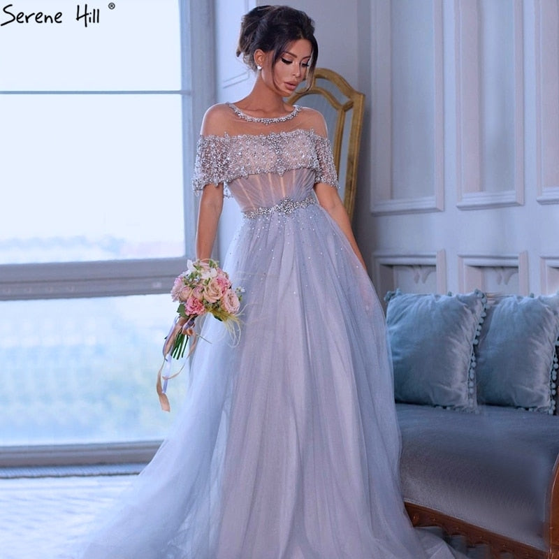 Blue O-Neck Diamond Sequins Sexy Evening Dresses 2025 Dubai Short Sleeves A-Line Formal Dress LA70352