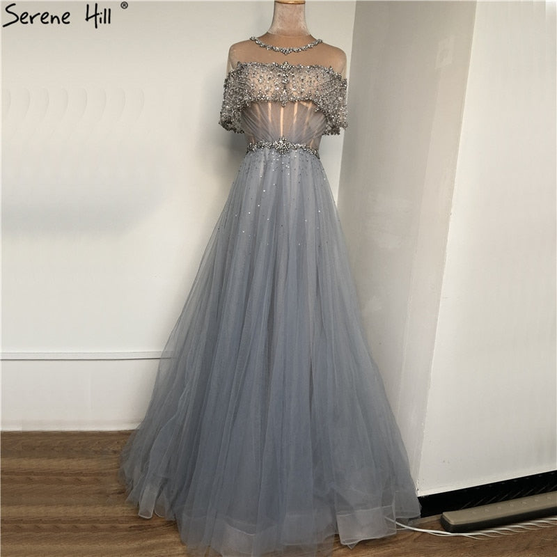Blue O-Neck Diamond Sequins Sexy Evening Dresses 2025 Dubai Short Sleeves A-Line Formal Dress LA70352