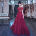 Blue O-Neck Diamond Sequins Sexy Evening Dresses 2025 Dubai Short Sleeves A-Line Formal Dress LA70352