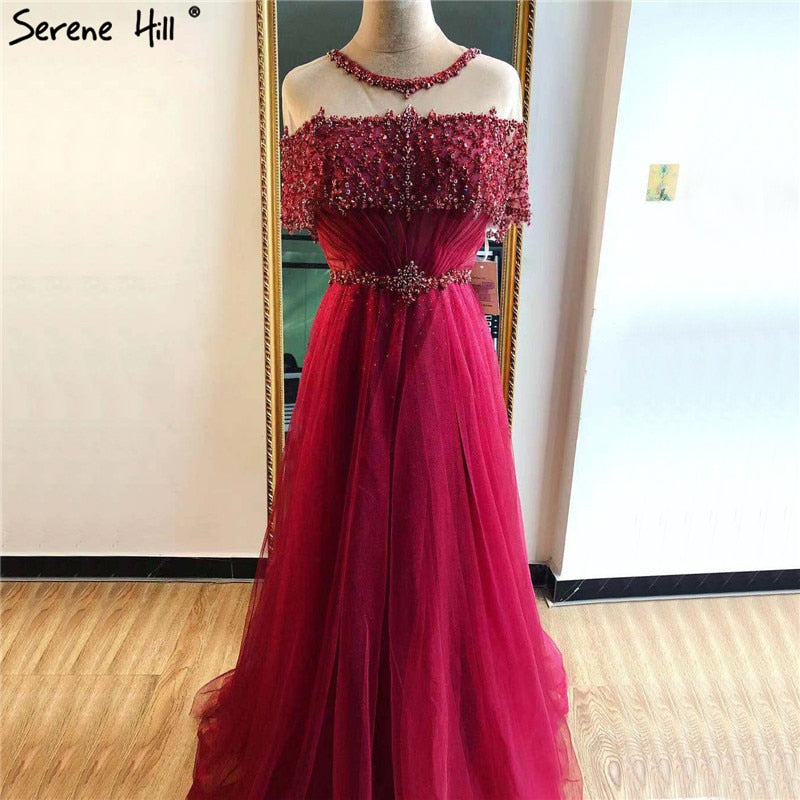 Blue O-Neck Diamond Sequins Sexy Evening Dresses 2025 Dubai Short Sleeves A-Line Formal Dress LA70352