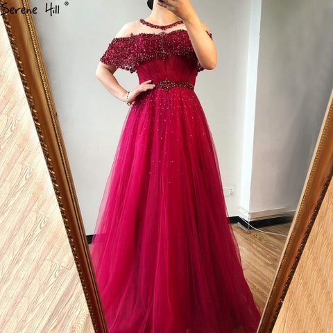 Blue O-Neck Diamond Sequins Sexy Evening Dresses 2025 Dubai Short Sleeves A-Line Formal Dress LA70352