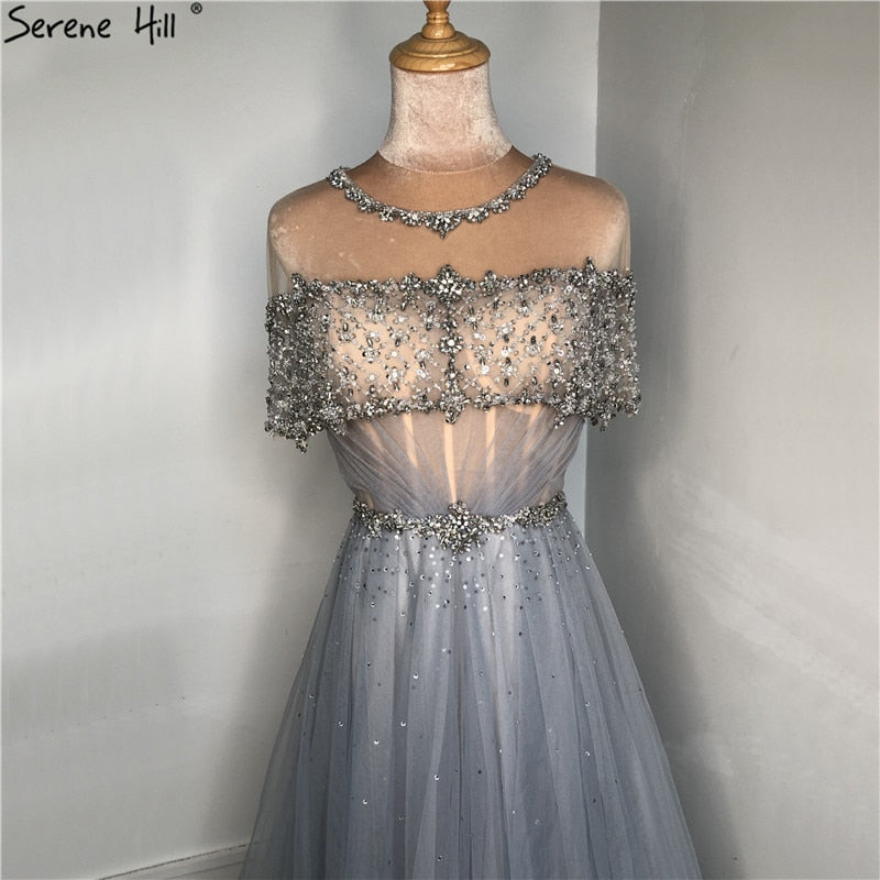 Blue O-Neck Diamond Sequins Sexy Evening Dresses 2025 Dubai Short Sleeves A-Line Formal Dress LA70352