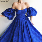 On Sale no return no refund Sale Blue Off Shoulder Puff Half Sleeves Evening Dresses Dubai Sexy Fashion Formal Evening Gowns LA60923